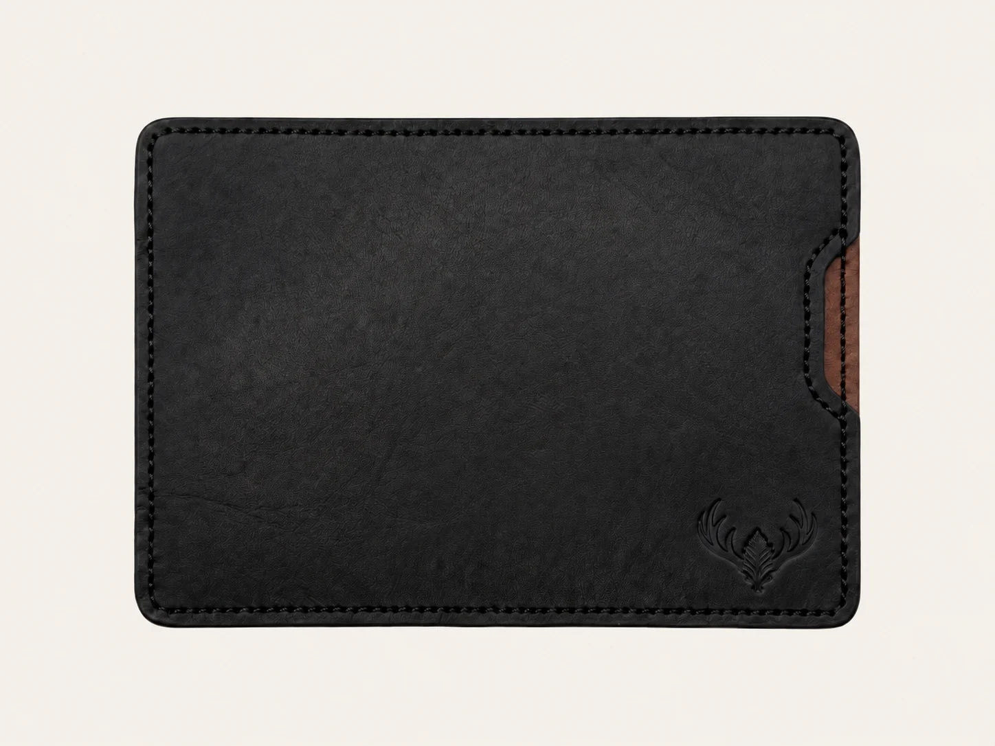 Black OB-01 vertical wallet exterior on an off-white background