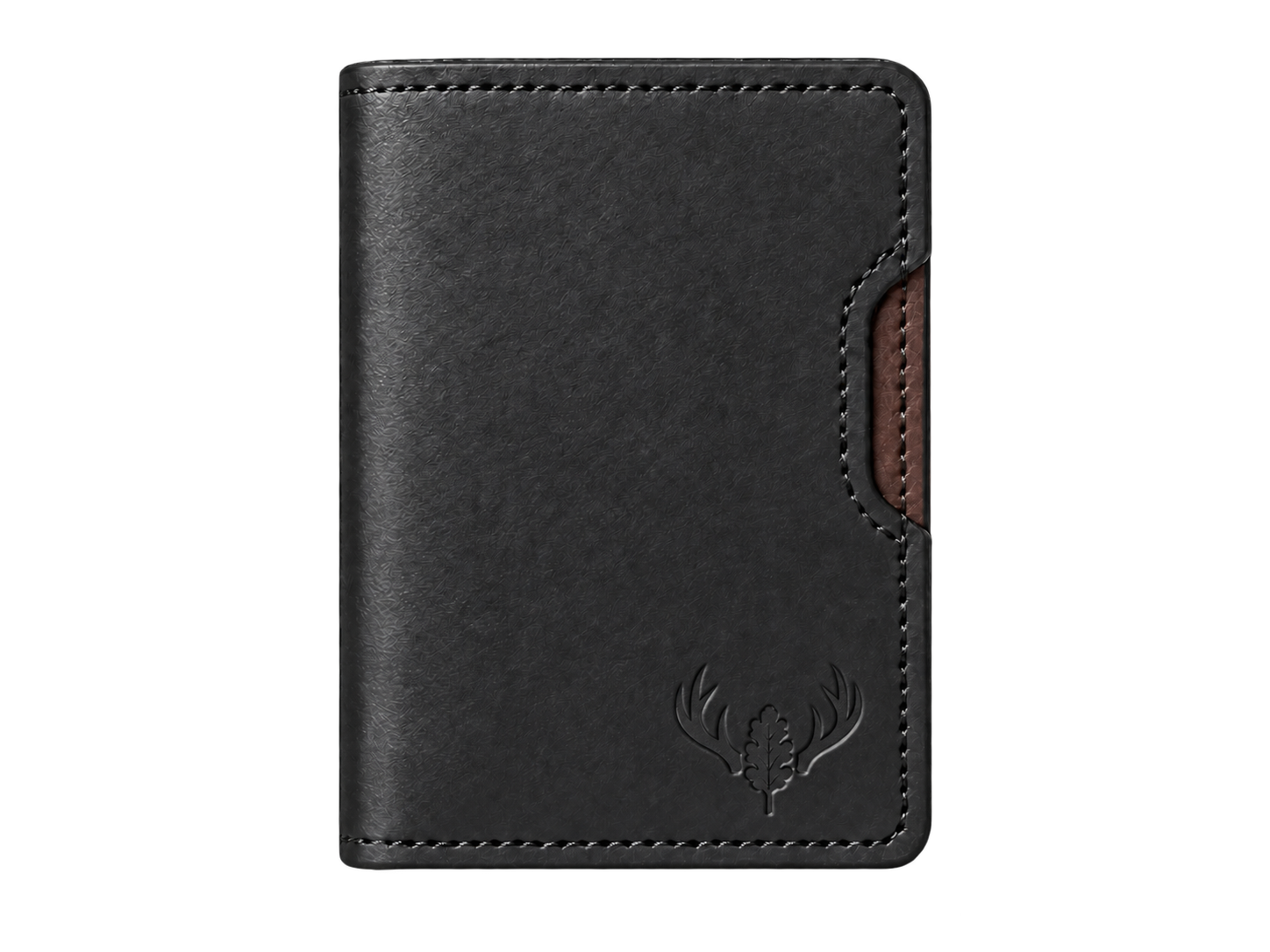 Closed Black/Walnut OB-01 wallet with embossed Oak Buck antlers and oak leaf, front view
