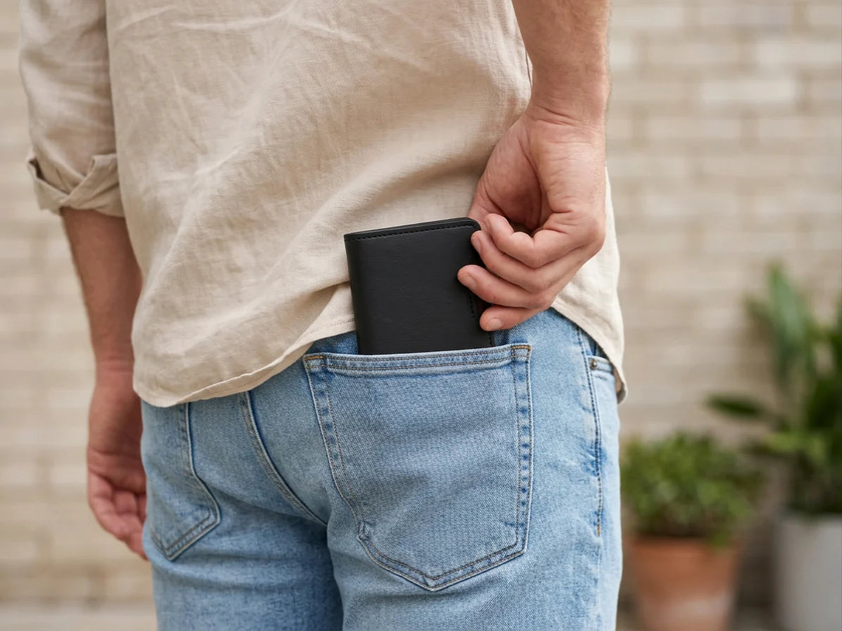 Black OB-01 wallet being placed into a jeans back pocket