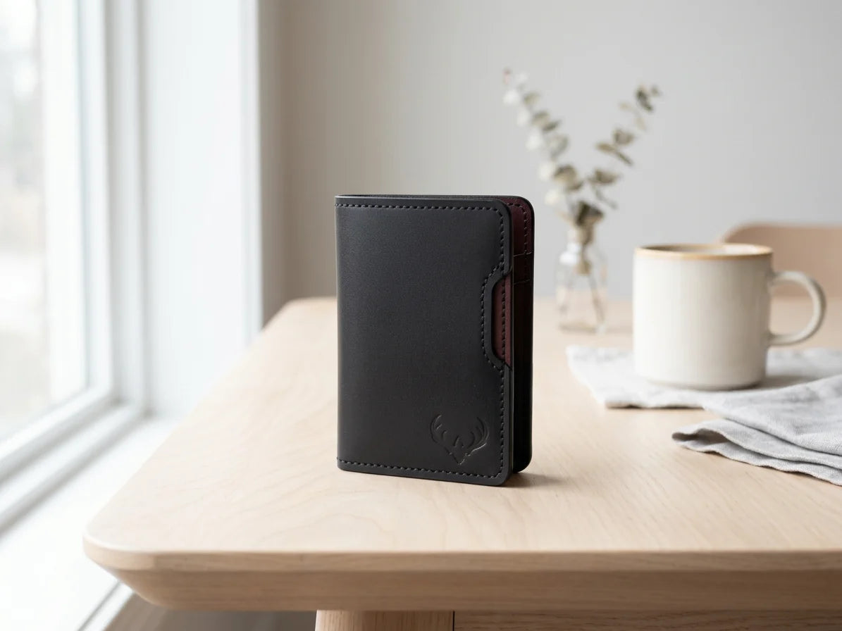 OB-01 wallet on a light wood table