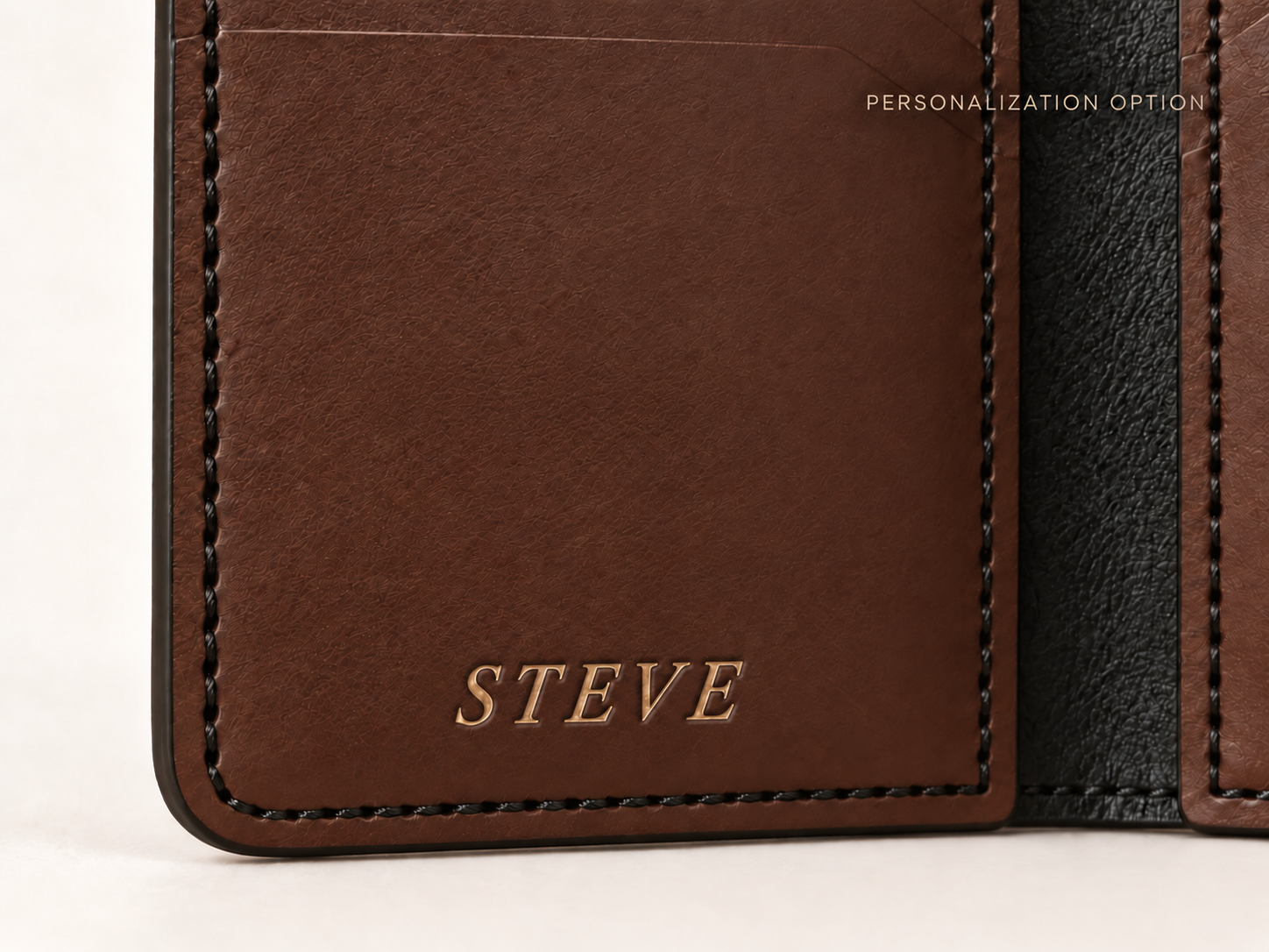 Close-up of STEVE personalized in matte antique-gold foil on the walnut OB-01 interior pocket