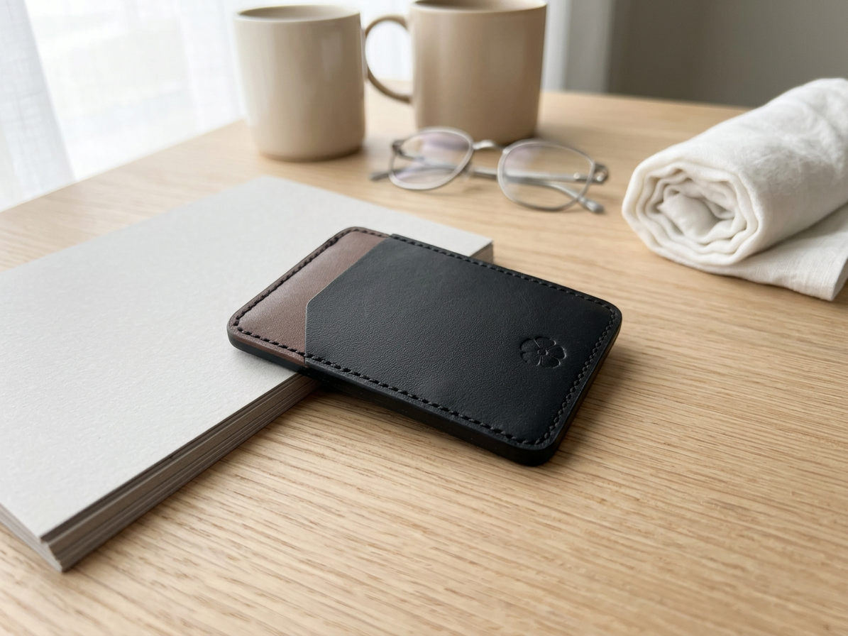 Black and walnut OB-03 minimalist card wallet on a light wood desk