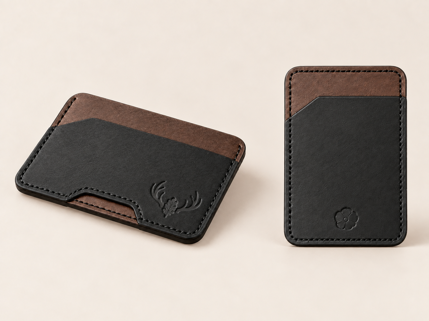 Front and back views of the Black and Walnut OB-03 minimalist card wallet on light off-white